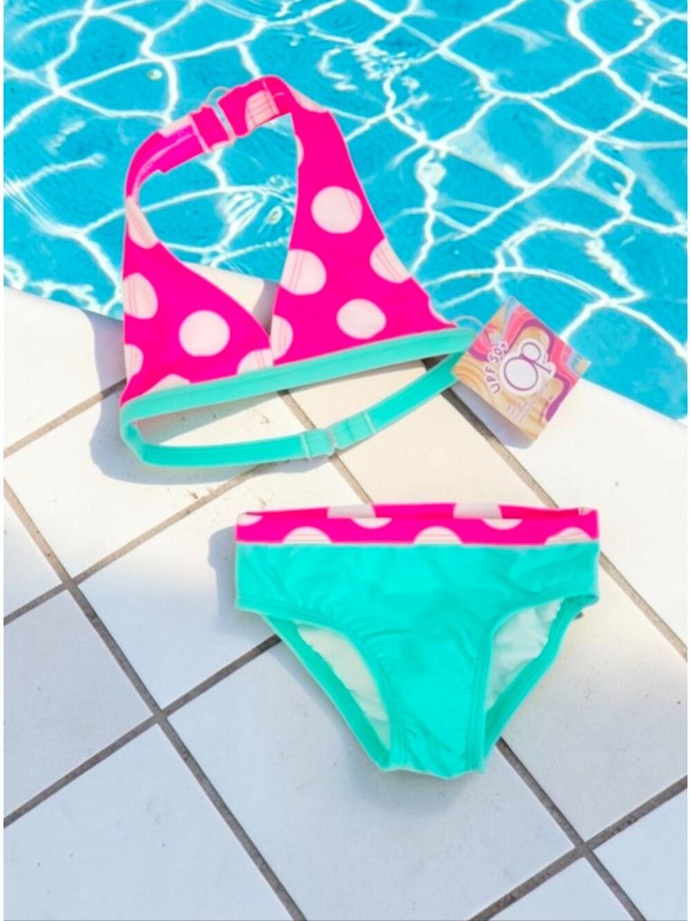 Polka Dot Halter Bikini Set Pink & Aqua Girls Swimwear UPF 50+ Protection